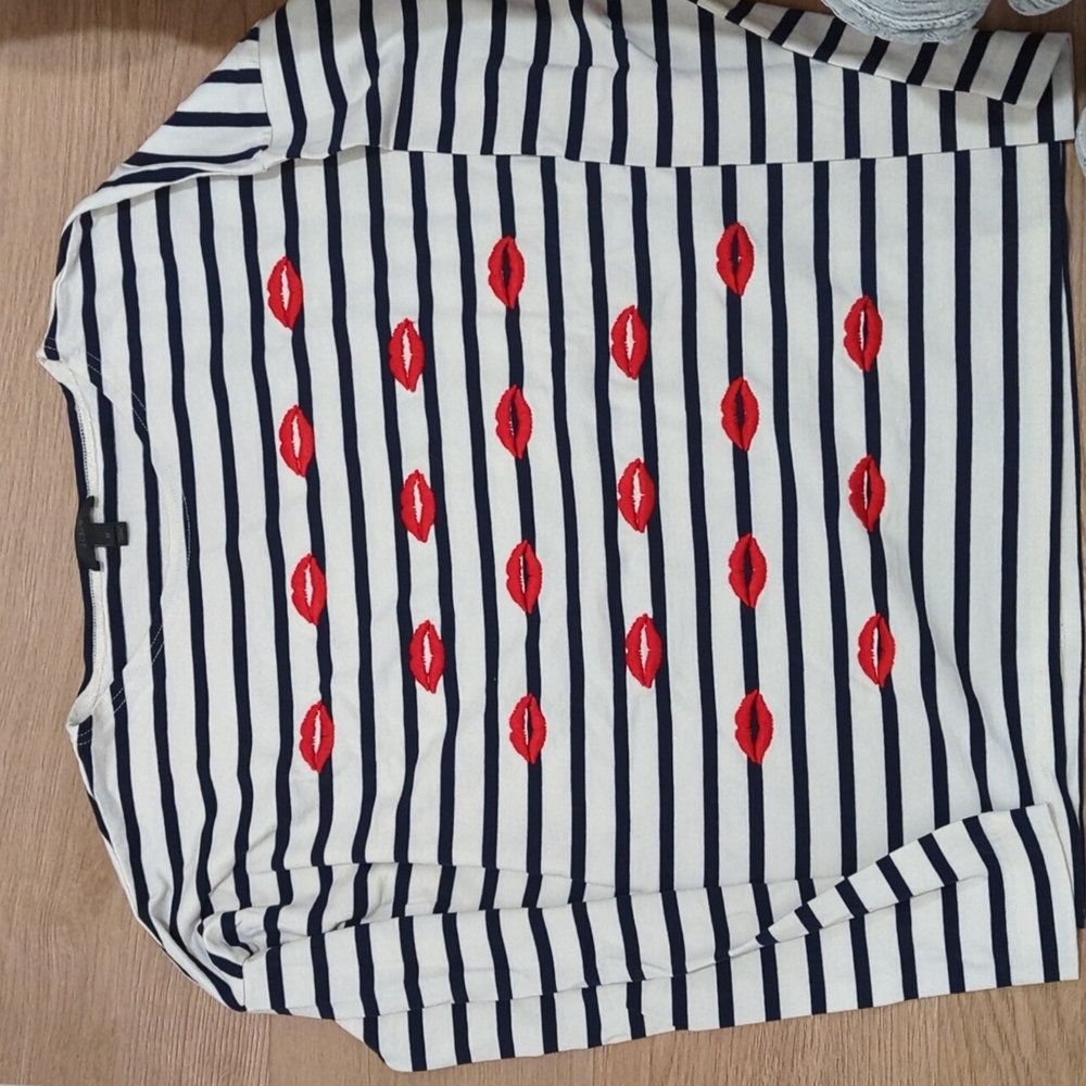 J. Crew Embroidered Lips Stripe Tee
